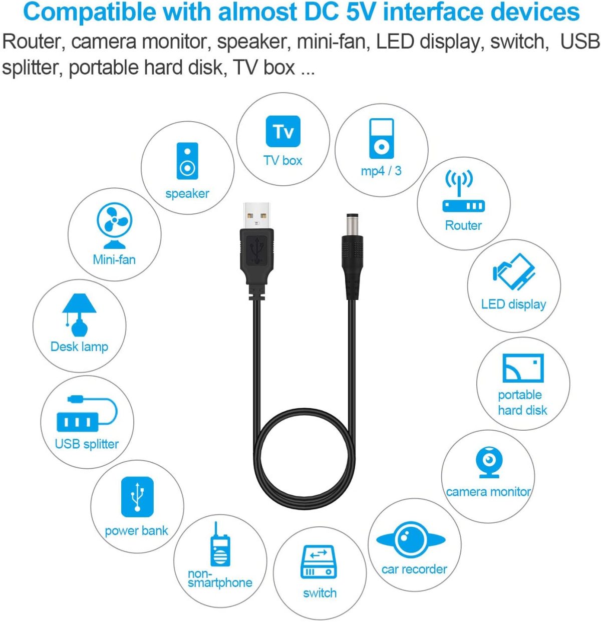 USB to DC 5V (5.5mm) Power Plug Charger Cord