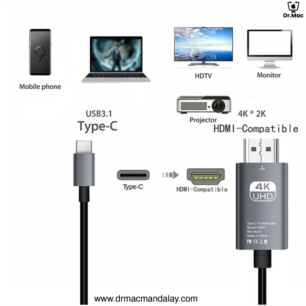 Type C to HDMI Cable (2m),60Hz,4K Spport For iPhone, iPad ,Mac